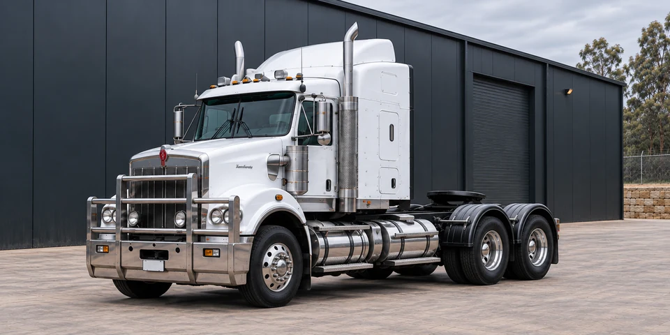 White Kenworth prime mover without a trailer parked alone outside a workshop