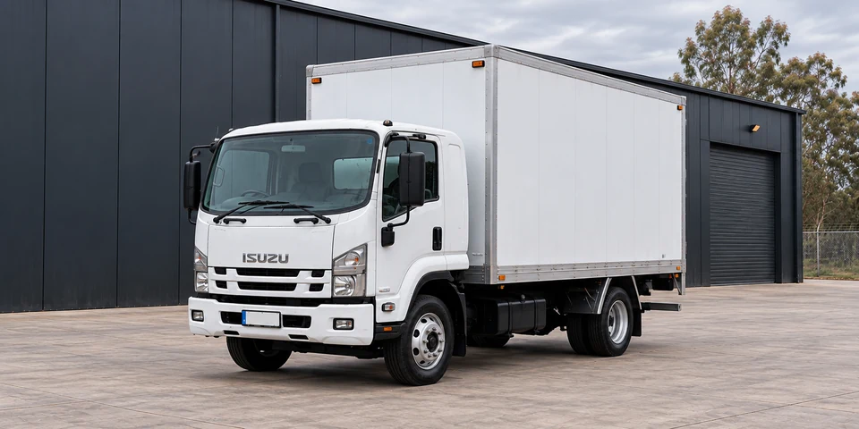 White Isuzu medium box truck parked alone outside a workshop
