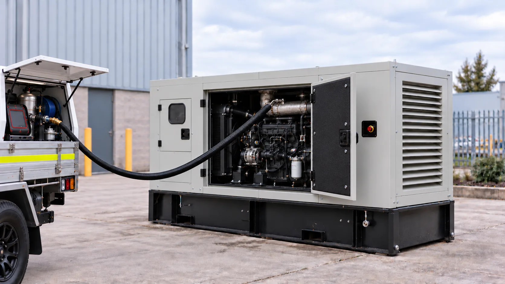 Work ute with a testing hose connected to the exhaust inside an open diesel generator service panel