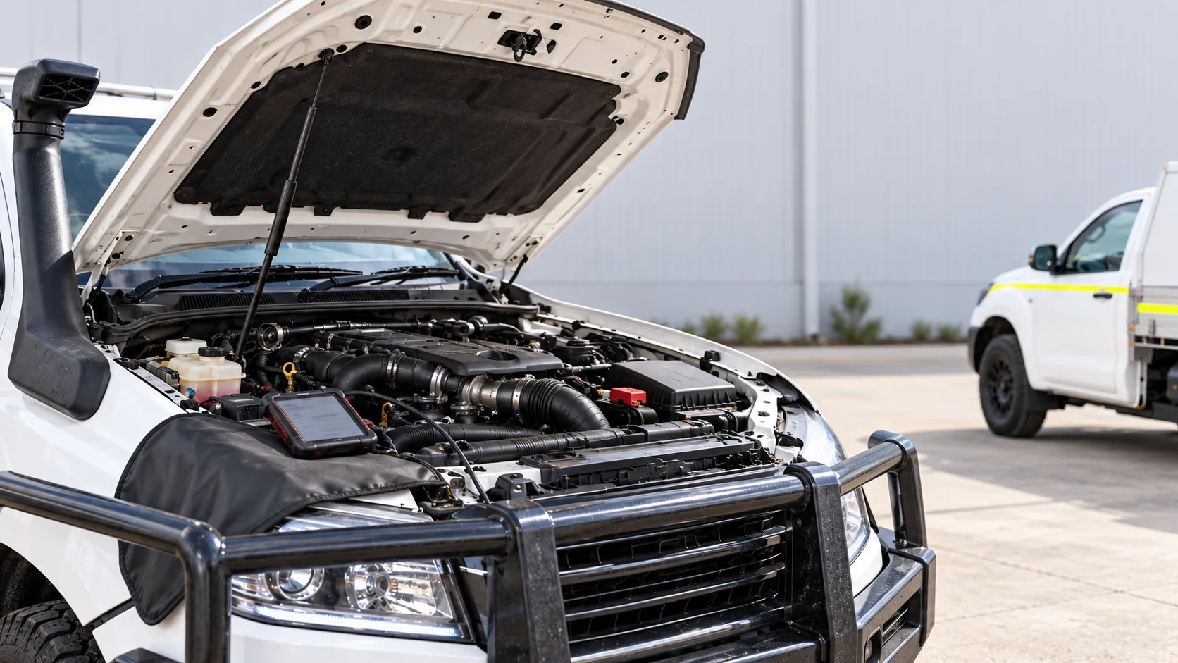 Open diesel engine bay with diagnostic equipment onsite and a mobile service ute nearby