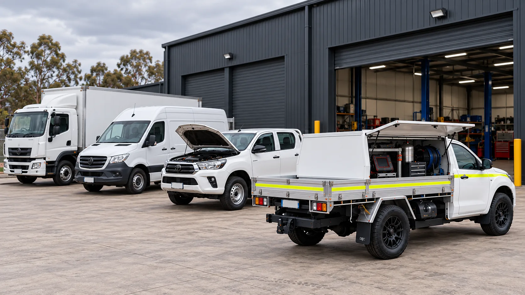 Mobile service ute alongside a fleet of work vehicles at a depot
