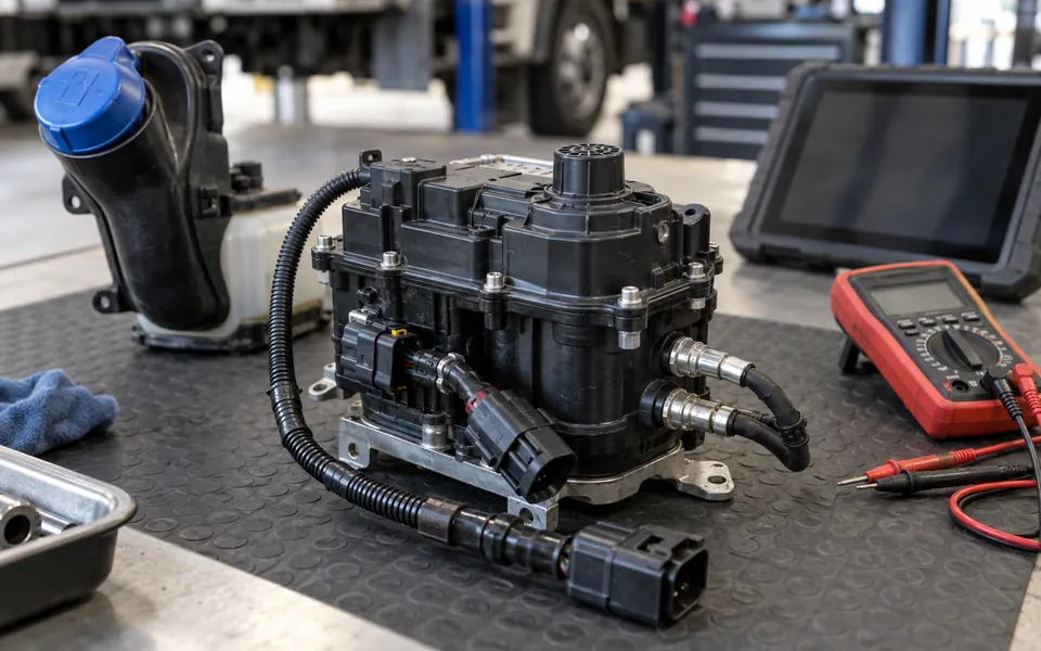 AdBlue dosing module, wiring connectors and diagnostic instruments on a workshop bench