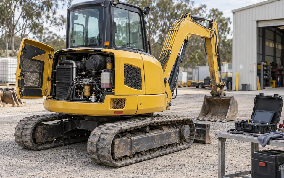 Yellow excavator with its engine access panel open and diagnostic equipment nearby