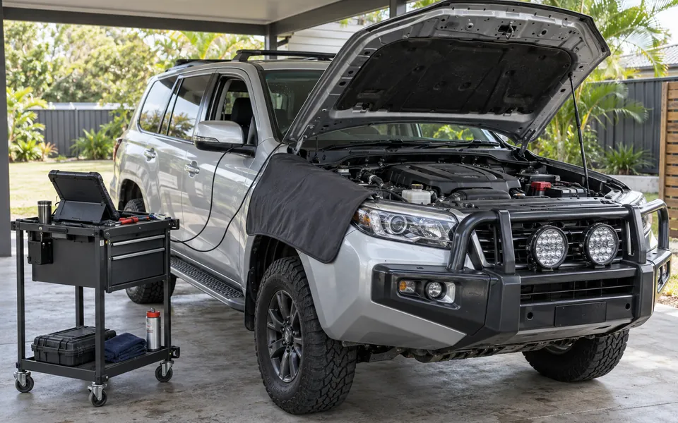 Silver diesel 4WD with its bonnet raised beside a mobile diagnostic trolley