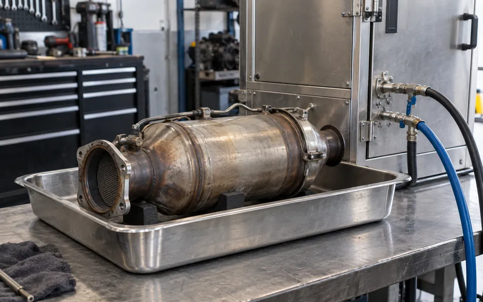 Removed diesel particulate filter in a stainless steel tray beside workshop cleaning equipment