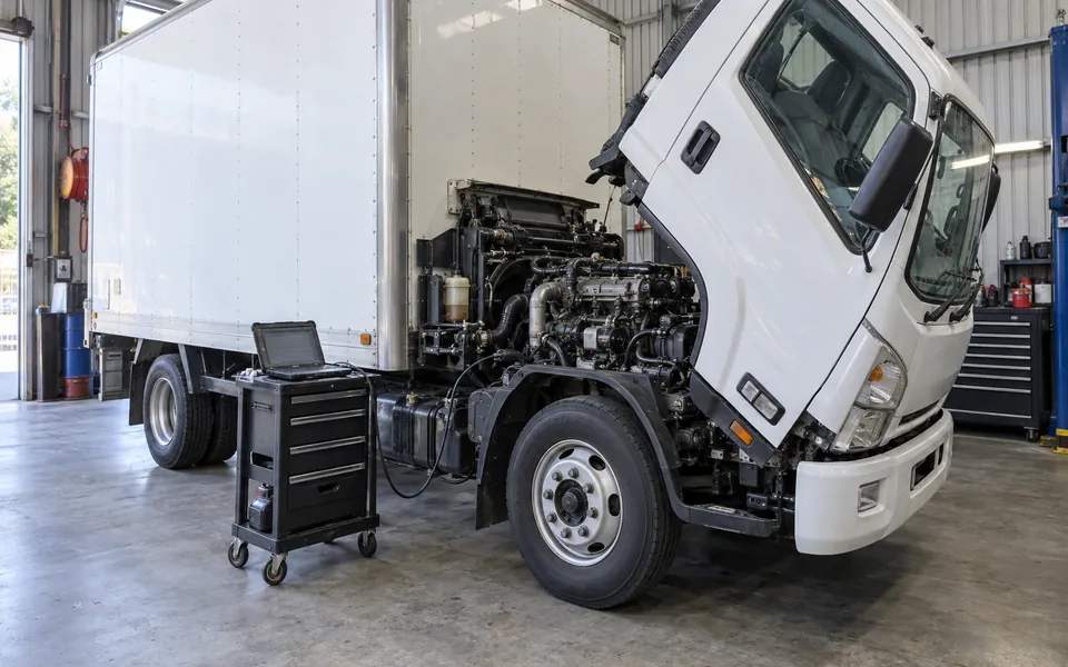 White cab-over truck with its cab tilted forward beside diagnostic equipment in a service bay