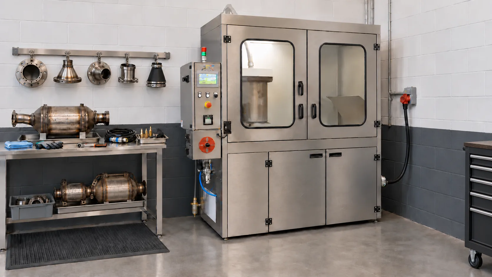 Stainless steel DPF cleaning machine beside a workbench with a removed filter and cleaning equipment