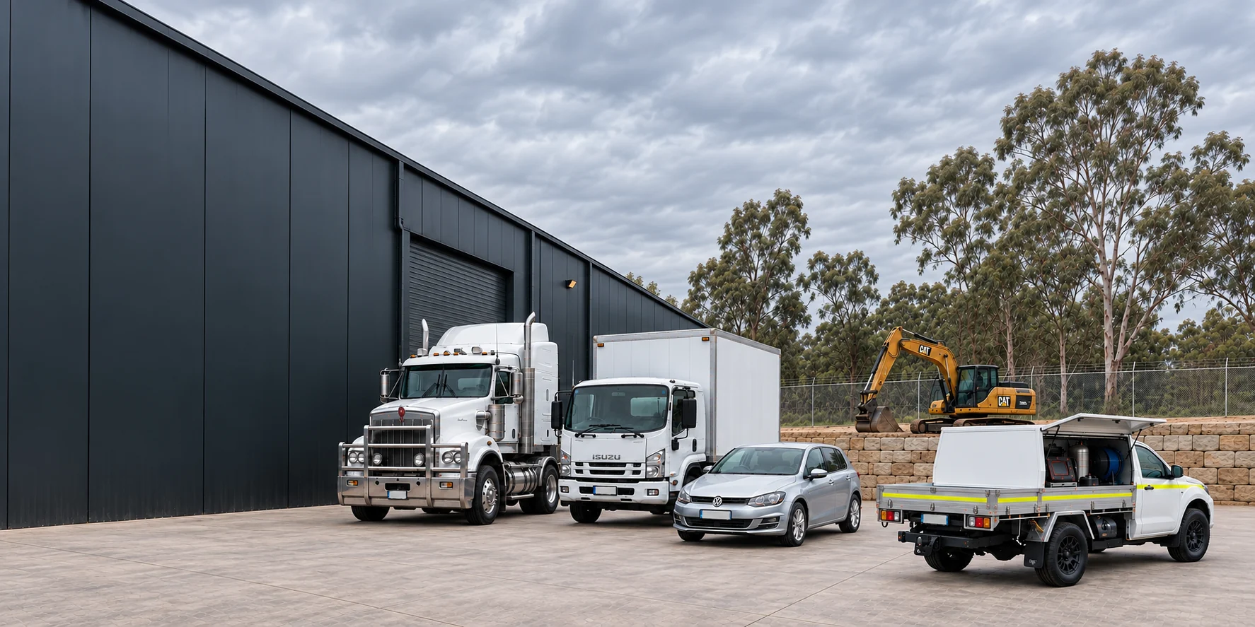 Complete workshop scene with a white prime mover, box truck, silver car and mobile DPF service ute, with an excavator and trees behind