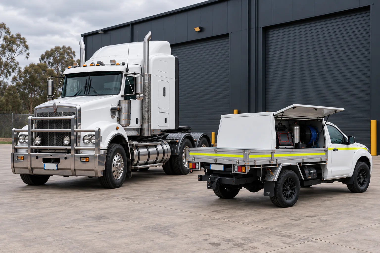 White service ute beside a heavy truck
